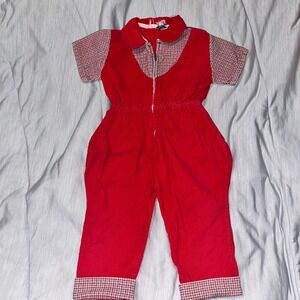 Kids Red Corduroy Plaid Short Sleeve Jumpsuit‎ Romper Outfit 2T 3T Vintage